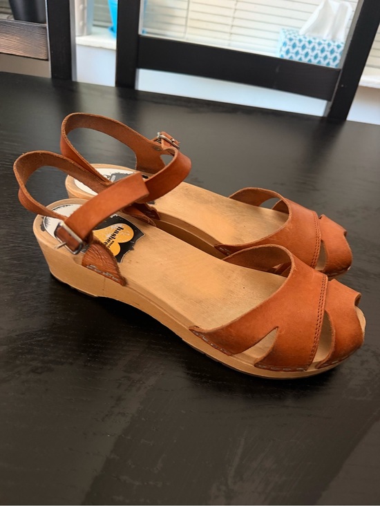 Swedish Hasbeens Shoes - Swedish Hasbeens Debutant Cognac Leather Slingback Platform Clog Sandals size 39
